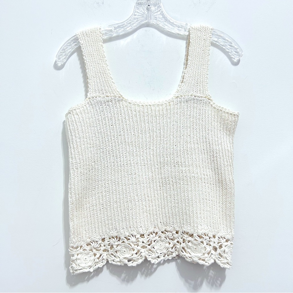 Women’s White Cream Knitted Floral Crochet Summer Top Handmade